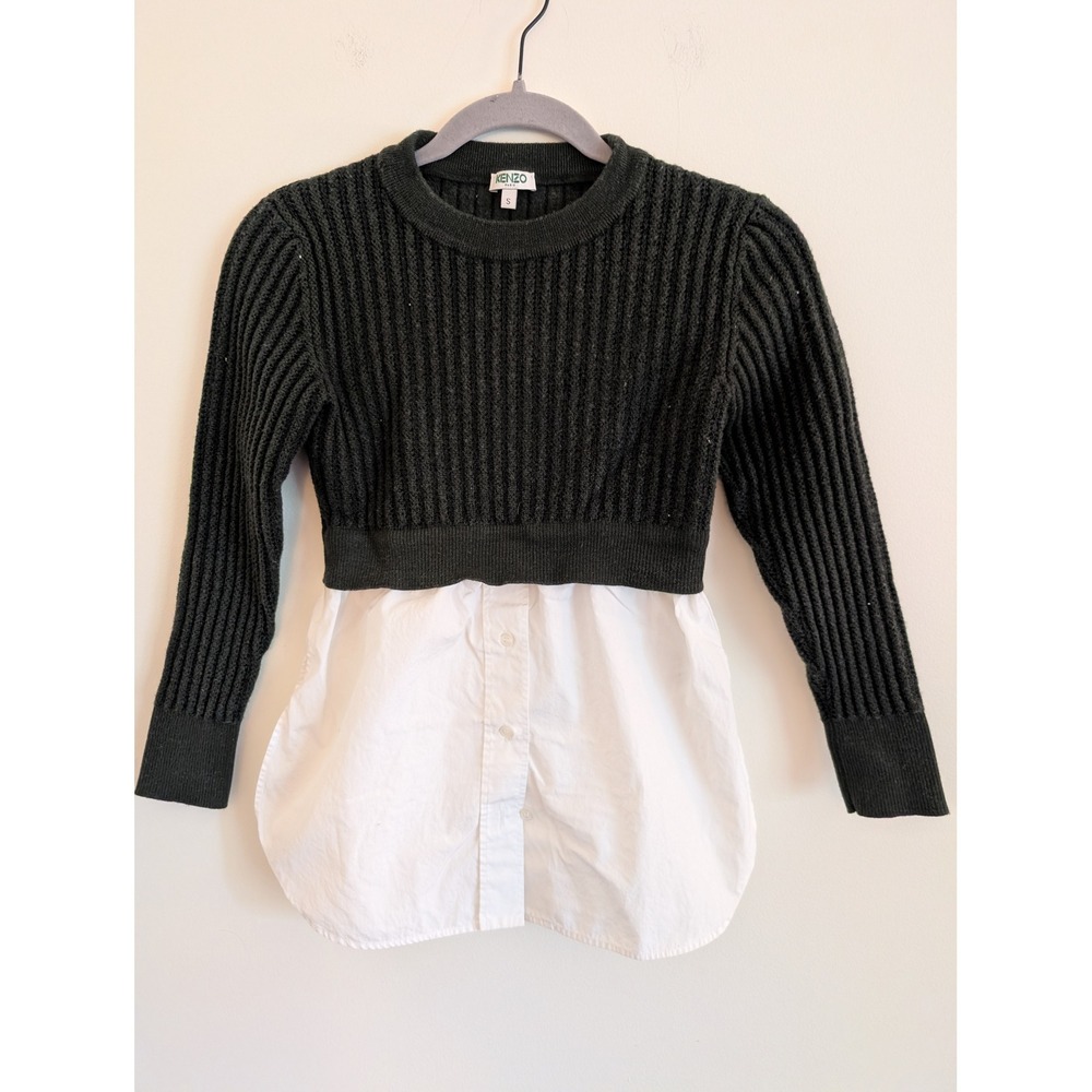 Kenzo Paris Womens Forest Green Ribbed Knit Layered Shirt Sweater Small twofer